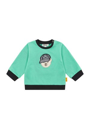 Mintgrüner Langarm-Sweatshirt mit schwarzen Bündchen und Saum. Mit einem gestickten Bären mit einer gestreiften Mütze und Logo-Detail. Druckknöpfe an der Schulter.