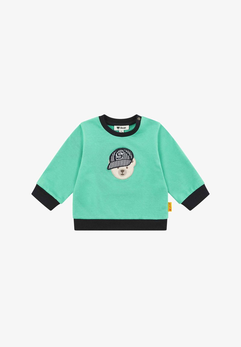 Sudadera de manga larga verde menta con puños y dobladillo en negro. Presenta un oso bordado con un gorro a rayas y detalles del logotipo. Botones en el hombro.