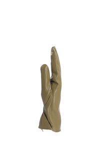 Guanto di pelle verde oliva con una forma aderente. Presenta una superficie texture e cuciture a vista. Il design delle dita è eretto. Piccolo accento floreale vicino alle punte delle dita.