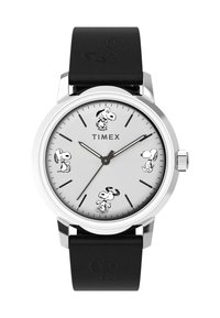 Montre Timex argentée avec bracelet en cuir noir, ornée d'illustrations de Snoopy aux positions 3, 6, 9 et 12 heures sur le cadran.