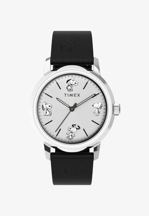Silberne Timex-Uhr mit schwarzem Lederarmband, mit Snoopy-Illustrationen bei 3, 6, 9 und 12 Uhr auf dem Zifferblatt.