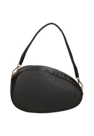 Sac à épaule en cuir noir texturé avec une forme ovale asymétrique et une fermeture éclair ainsi que des fermoirs en ton or.