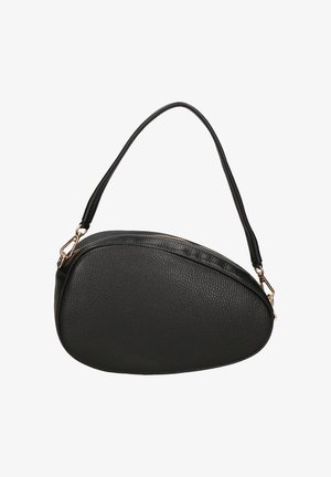 Zwarte schoudertas van getextureerd leer met een asymmetrische ovale vorm en een ritssluiting en sluitingen in goudkleur.