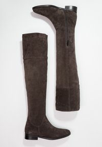 Braune Wildleder-Stiefel über dem Knie mit flachem Absatz, glatter Textur und einem seitlichen Reißverschluss. Sie haben eine abgerundete Zehenpartie und einen leicht gepolsterten Schaft.