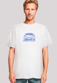 White cotton T-shirt featuring a blue retro car graphic with the text "Retro Car" underneath. Relaxed fit, crew neck, short sleeves.