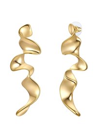 Ohrringe in Gold-Ton mit einem wellenförmigen, skulpturalen Design. Glatte Oberfläche mit glänzender Ausführung, gesichert mit einer transparenten Rückseite.