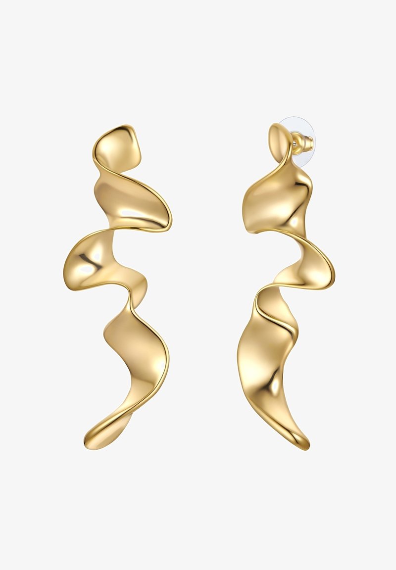 Ohrringe in Gold-Ton mit einem wellenförmigen, skulpturalen Design. Glatte Oberfläche mit glänzender Ausführung, gesichert mit einer transparenten Rückseite.