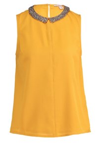 Sleeveless yellow top with a curved collar adorned with silver beads. Smooth fabric with a subtle sheen and back keyhole closure.