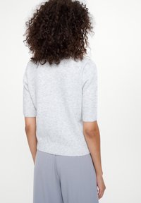 Lichtgrijze trui met korte mouwen, van een zachte stof, met een geribbelde halslijn en zoom, gekenmerkt door een casual pasvorm en een licht cropped stijl.