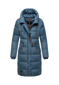 Padded teal winter coat with a high collar, drawstring hood, zip closure, and side pockets. Features orange accents and stitching details.