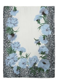 Foulard floreale con fiori blu chiaro e centri scuri su uno sfondo crema. I bordi presentano un motivo astratto in nero e grigio.