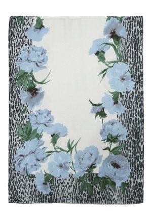 Foulard floreale con fiori blu chiaro e centri scuri su uno sfondo crema. I bordi presentano un motivo astratto in nero e grigio.