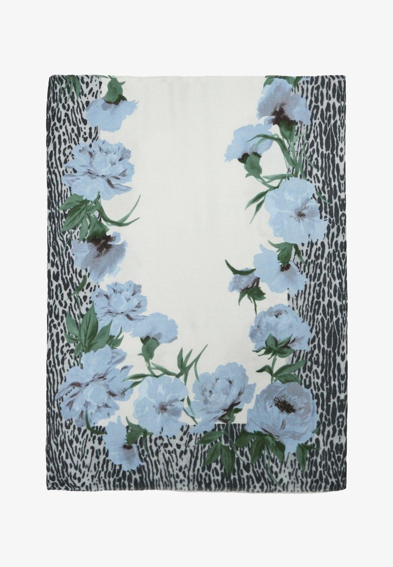Foulard à motifs floraux avec des fleurs bleu clair aux centres foncés sur fond crème. Les bordures présentent un motif abstrait noir et gris.