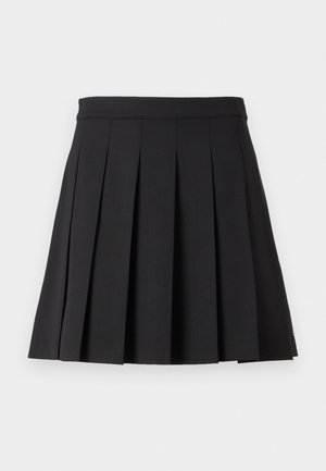 Jupe plissée noire avec une taille plate. Fabriquée en tissu lisse, présentant des plis verticaux uniformes et un ourlet droit. Aucune fermeture visible.