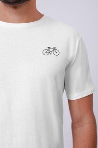 White cotton t-shirt featuring a small black bicycle graphic on the left chest area; short sleeves and a round neck design.
