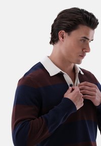 Strick-Polo-Pullover mit dunkelblauen und weinroten Streifen, einem kontrastierenden weißen Kragen und Knopfverschluss.