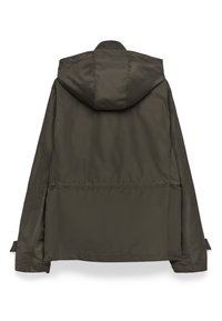 Mörk olivgrön vattentät jacka med huva, långa ärmar och justerbara ärmmuddar, sedd från baksidan mot en vit bakgrund.