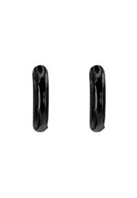 Orecchini a cerchio neri e lucidi con curve morbide e un centro cavo. Ogni orecchino è simmetrico, con una superficie lucente e bordi arrotondati.