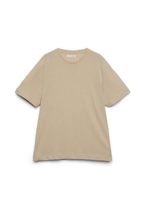 T-shirt beige a maniche corte realizzata in tessuto morbido, con scollatura rotonda e vestibilità rilassata, dalla trama semplice senza motivi.