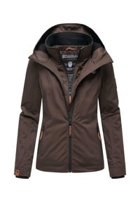 Bruine softshell jas voor vrouwen met capuchon, dubbele rits aan de voorkant, ritszakken aan de zijkanten en zwarte voering.