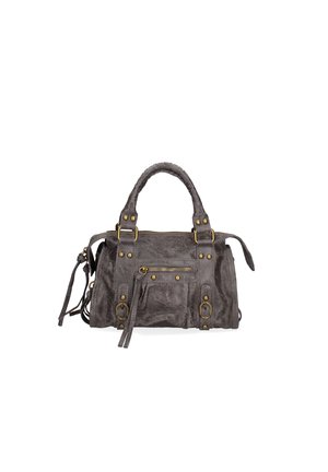 Borsa a mano in pelle grigia con finitura testurizzata, manici doppi, tracolla regolabile, tasca con zip frontale, accessori in metallo e dettaglio a nappa laterale.