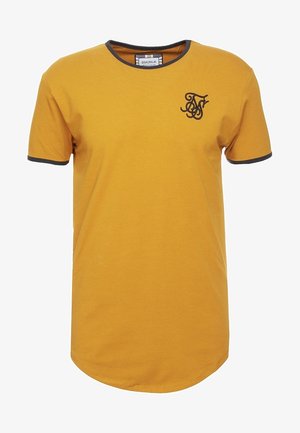 Senfgelbes T-Shirt mit Rundhalsausschnitt und kurzen Ärmeln, versehen mit einem schwarzen Logo auf der Brust und dunklem Besatz an Ärmeln und Kragen.