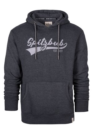 Donkergrijze hoodie met een voorkant zak, trekkoordkap en bedrukte "Spitzbub" logo. Geribbelde manchetten en zoom. Zachte, gestructureerde stof.