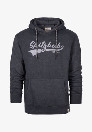 Donkergrijze hoodie met een voorkant zak, trekkoordkap en bedrukte "Spitzbub" logo. Geribbelde manchetten en zoom. Zachte, gestructureerde stof.