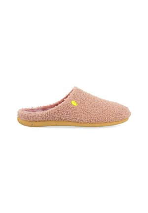Zapatilla de casa rosa suave y esponjosa, con tela texturizada, acento amarillo y suela de goma para mayor durabilidad. Sin cobertura en la parte trasera, diseño de punta redonda.