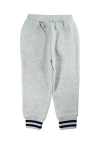 Pantalon de jogging gris avec une texture douce, taille élastique et poignets rayés bleu marine aux chevilles. Design simple sans poches.