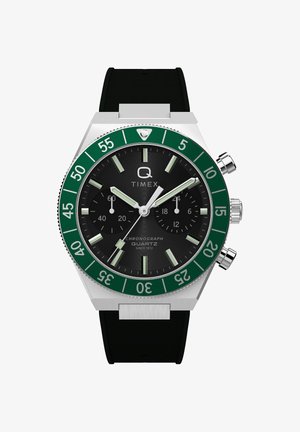 Zegarek Timex Q chronograf z czarną tarczą, zielonym bezelem, dwoma subtarczami, srebrnymi indeksami i czarnym teksturowanym paskiem.