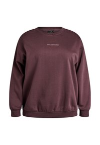 Maroon sweatshirt made of soft fabric, featuring a round neckline, dropped shoulders, ribbed cuffs, and a small "MILESTONE" text detail.