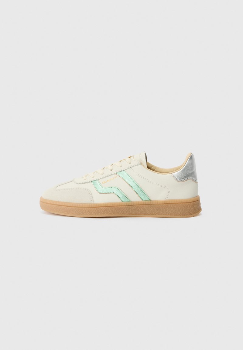 Beige sneakers med lyse akvafargede striper, en sølvfarget hælkalv og en strukturert tan gummisåle. Klassisk snøredesign for casual bruk.
