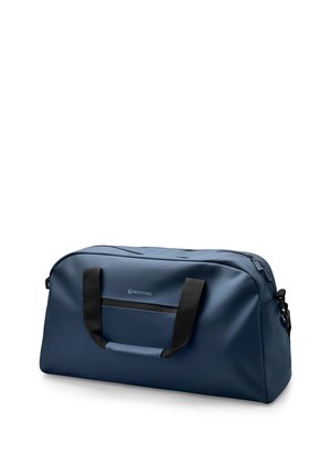 Rektangulær reisetraske i marineblått med svarte håndtak og glidelåslukking, merket "Waykins" på frontlommen.