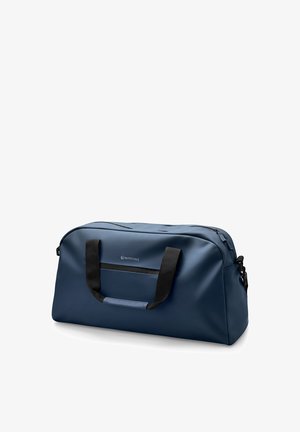 Rektangulær rejsetaske i marineblå med sorte håndtag og lynlåslukning, mærket "Waykins" på forlomma.