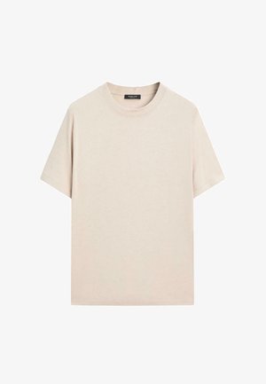 Hellbeige T-Shirt mit kurzen Ärmeln aus weichem, glattem Stoff. Klassischer Rundhalsausschnitt mit lässiger Passform. Keine sichtbaren Muster oder Akzente.