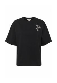Camiseta negra de manga corta con un ajuste relajado, que presenta un diseño de bordado floral en el lado izquierdo cerca del pecho.