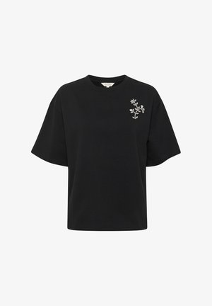 Zwarte t-shirt met korte mouwen en een comfortabele pasvorm, met een bloemmotief borduurdesign aan de linkerkant, net onder de borst.