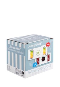 Scatola per tazza in ceramica che cambia colore, con un design a righe blu e bianche, icone a forma di batteria che indicano lo stato della temperatura e etichette testuali.