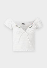 Top smock bianco con maniche corte a sbuffo, caratterizzato da ricami floreali sul collo e una coulisse sul davanti. Morbido al tatto.