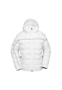 Witte pufferjack met een capuchon, voorzien van een gewatteerd ontwerp, zwarte accenten, een ritsluiting aan de voorkant en zijzakken.