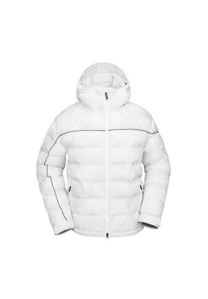 White puffer jacket with a hood, featuring a quilted design, black accents, front zipper closure, and side pockets.