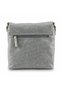 Borsa a tracolla grigia in tessuto con patta pieghevole, tasca frontale con zip e tracolla regolabile. La superficie presenta un motivo testurizzato.
