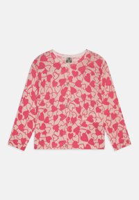 Cardigã rosa com um padrão de corações, punhos e bainha canelados, com fecho frontal de botões. Feito em tecido de malha suave, de peso médio.