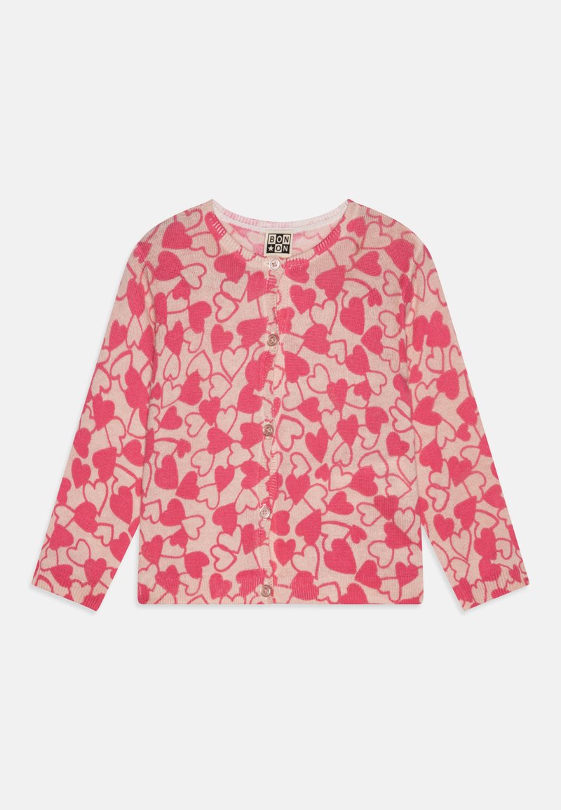 Cardigã rosa com um padrão de corações, punhos e bainha canelados, com fecho frontal de botões. Feito em tecido de malha suave, de peso médio.