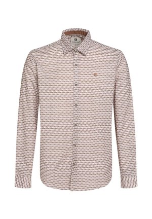 Lange mouwen shirt in een lichtbruine en witte patronen, met een knoopsluiting, een kraag en een geborduurd logo op de borst.