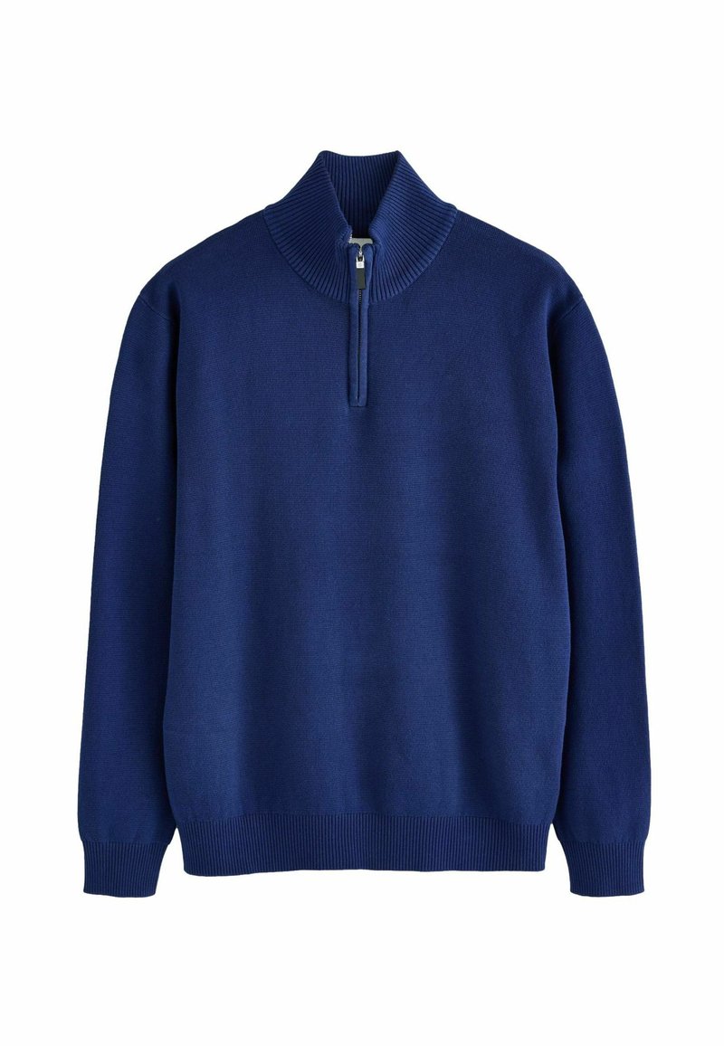 Pullover blu navy con colletto alto a costine e zip a un quarto. Realizzato in un tessuto a maglia liscio con polsini a costine.