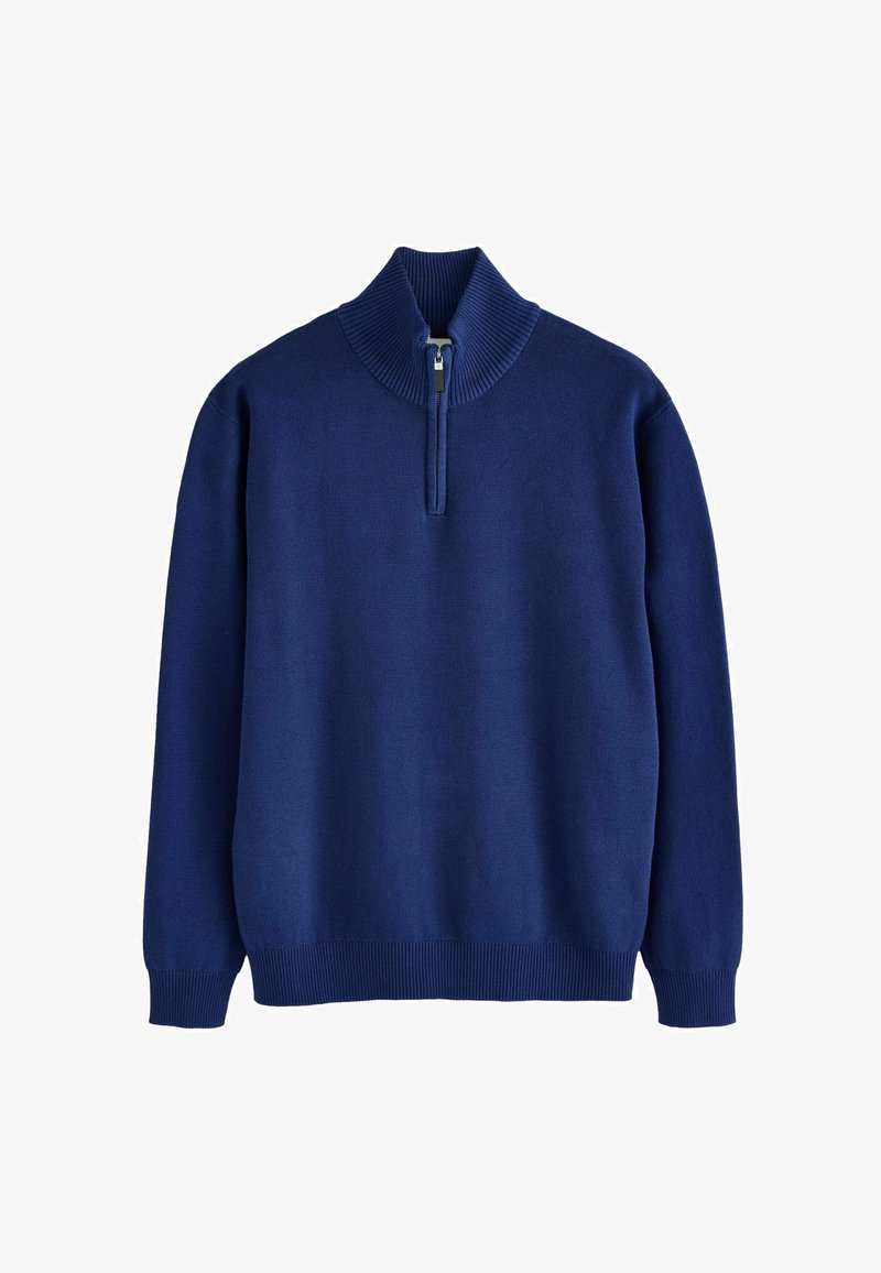 Pull-over en bleu marine avec un col haut à côtes et une fermeture éclair de quart de longueur. Fabriqué en tissu tricoté lisse avec des poignets côtelés.