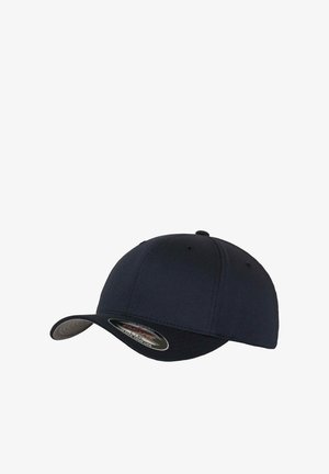 Navy baseball cap with a structured design, curved bill, and fabric construction; features a gray underside on the bill and a branded label.