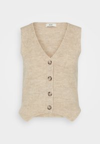Gilet beige senza maniche con scollo a V profondo. Presenta una chiusura con bottoni e quattro bottoni marroni, realizzato in un morbido tessuto testurizzato.